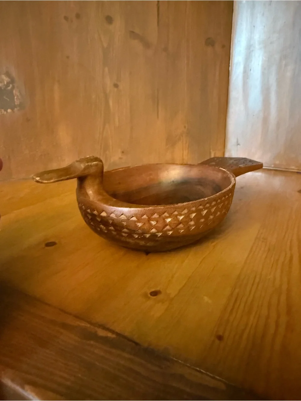 Vintage Hand Carved Wooden Duck Bowl Scandinavian Folk Art Kåsa Mid Century